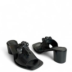 INK Bow Slide Black Leather Mule Heels